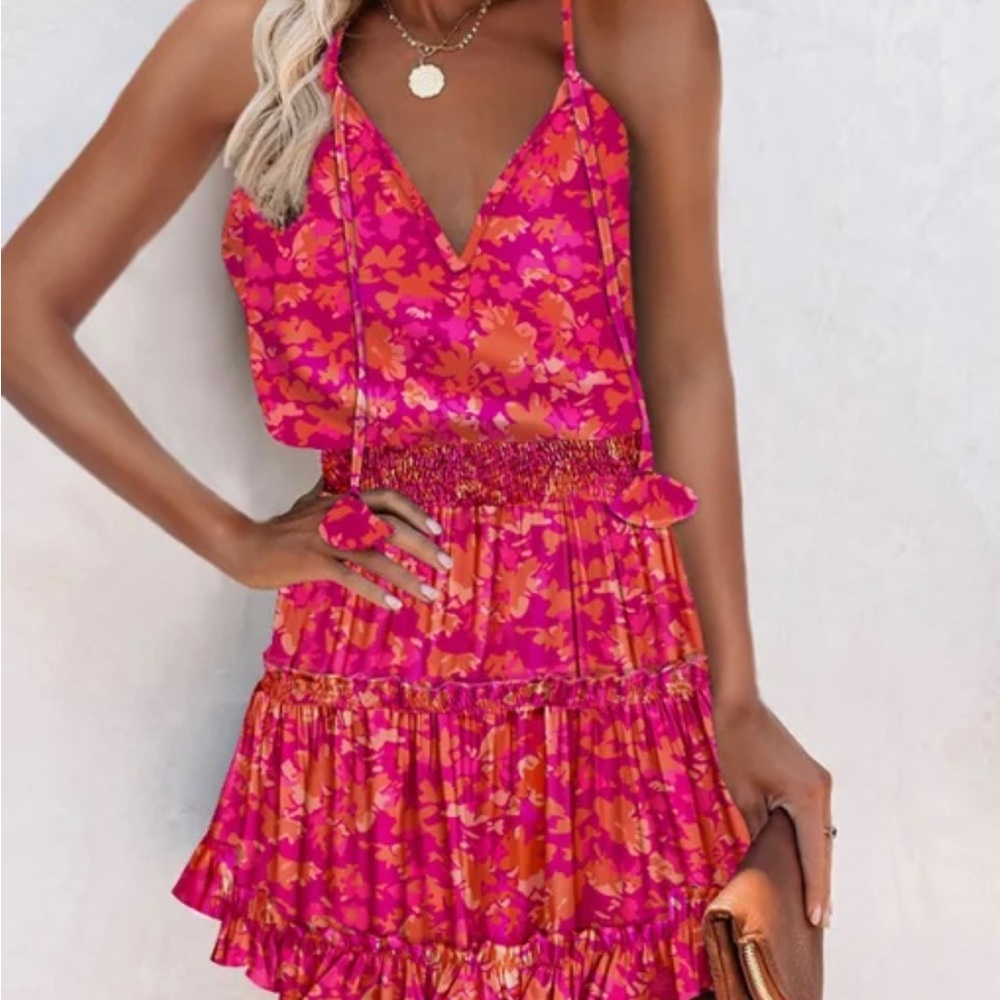 ChicMe Vibrant pink and orange dress with ruffle hemline size XL